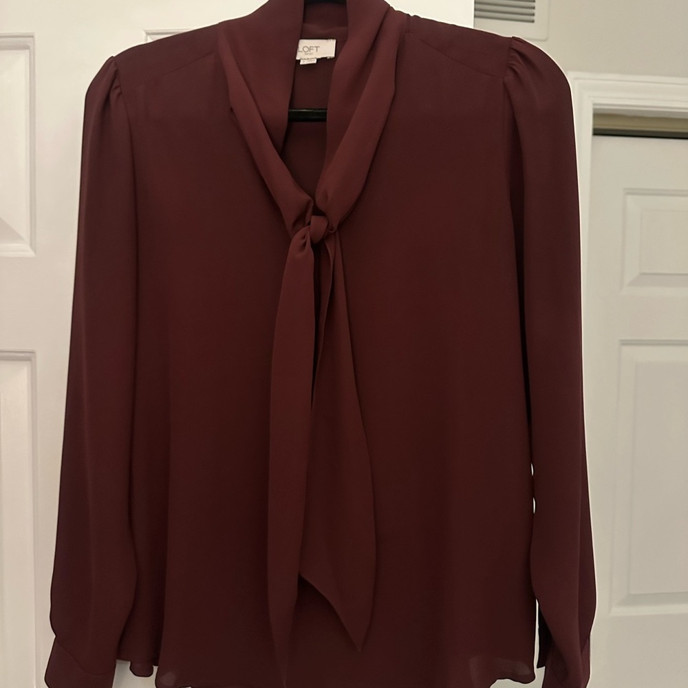 LOFT Deep Red Tie-Neck Blouse